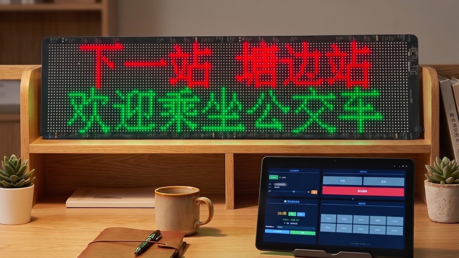贴贴屏 Plus 摆在书桌上，显示“下一站 塘边站 欢迎乘坐公交车”，搭配平板控制界面