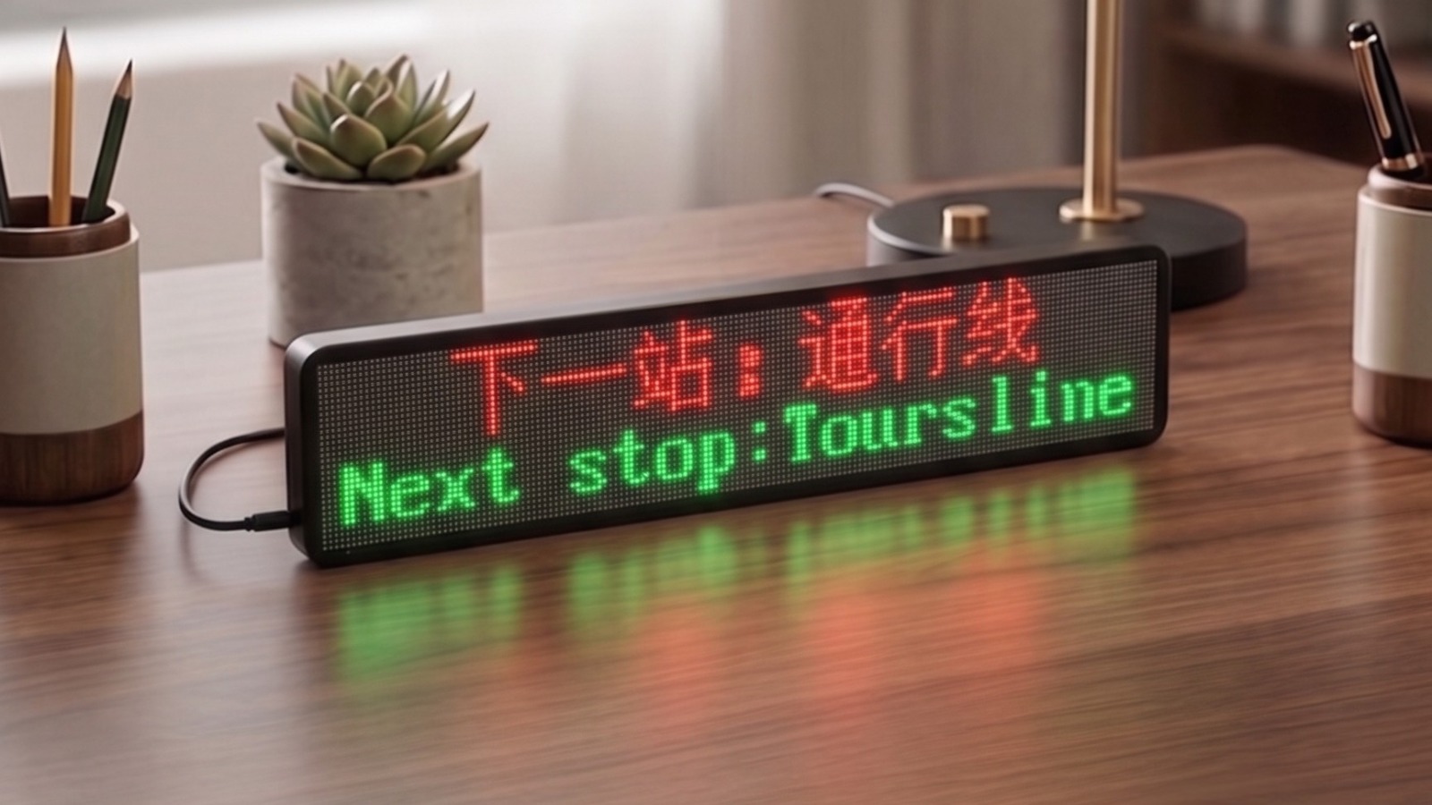 真·LED屏摆在书桌台灯旁，红色中文「下一站：通行线」与绿色英文「Next stop:Toursline」两行同时显示